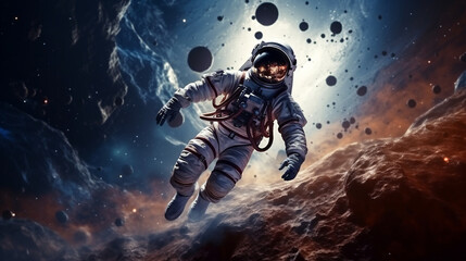 Astronaut in deep space. Cosmic art and science fiction wallpaper. Beauty and imagination of deep space. - obrazy, fototapety, plakaty