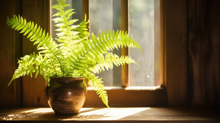 Generative AI, green fern stands on the window, sunlight, forest plants in the interior, Scandinavian design, floral decor, natural colors, space for text, windowsill, leaves, branches, stems, home - obrazy, fototapety, plakaty