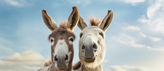 Two donkeys with cream colored fur smile happily