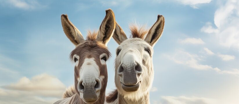 Two donkeys with cream colored fur smile happily