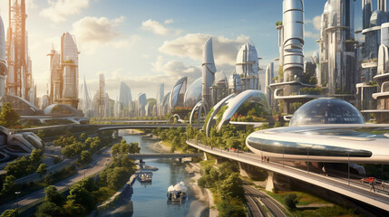 City of the Future. An urban landscape showcasing the city of the future with sustainable development.