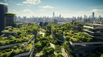 Urban Green Roof Oasis. An urban oasis with green roofs amidst the city skyline. - obrazy, fototapety, plakaty