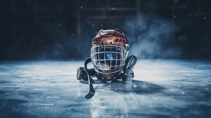 On-Ice Safety Gear. A solitary ice hockey helmet rests on the rink. - obrazy, fototapety, plakaty