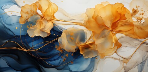 A blue and gold flowing pattern like ink or fabric with flowers. Generative AI.  - Powered by Adobe