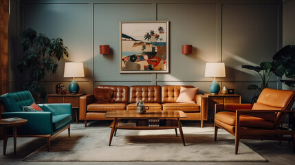 Mid-Century Modern Living Room. Showcase a sleek and stylish mid-century modern lounge.