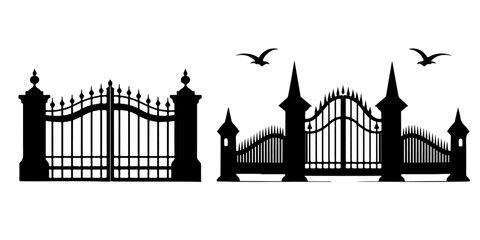 Isolated Spooky Silhouettes of Cemetery Gates: A Halloween Collection. Haunted and Scary Fence Elements that are Creepy. Iron Gates, Metal Fences