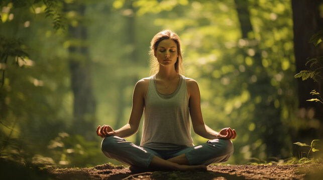Yoga in the Tranquil Forest. Find serenity as a person meditates amidst the calm of a forest.