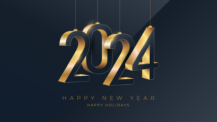 New Year 2024 gold number typography greeting card design on dark background. Vector holiday composition of numbers.