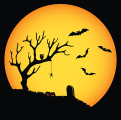 Naklejka premium Scary Halloweens background with sunset and tree