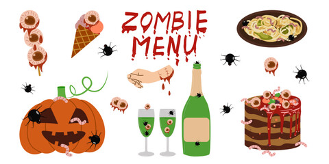 Scary Halloween dish. Zombie menu. Terrible food. Cake with worms, torn out eyes on a stick, pumpkin and a bloody hand, pasta with worms. Vector illustration...