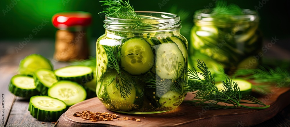 Poster homemade pickled cucumbers with dill marinated and stored in a glass jar with copyspace for text