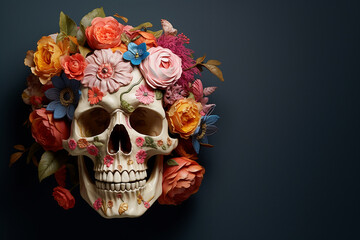 Dia De Muertos Ai Generated Background Wih Skull And Flowers Composition