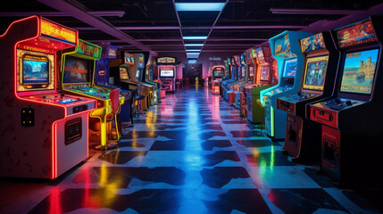 Nostalgia-Filled Gaming Den. A gaming den filled with nostalgia and vintage arcade games.