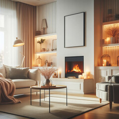Interior of stylish light living room with a modern lamp and fireplace, natural light, simple background, generative ai