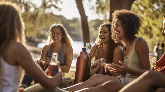 Eco-Friendly Picnic Gathering. An eco-conscious picnic where friends choose reusable water bottles.
