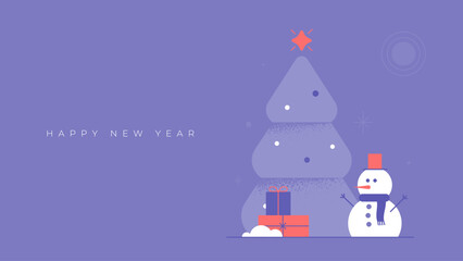 New Year and Christmas greeting card design with Christmas tree, snowman and decoration. Modern winter holiday cover in white and purple colors.