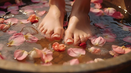 Obraz na płótnie Canvas Tranquil Foot Soak. Feet immersed in a wooden tub of warm water