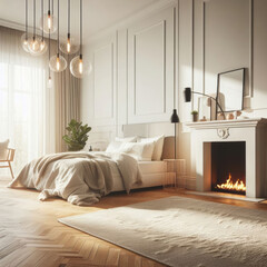 Fototapeta premium Interior of stylish light bedroom with modern lamp and fireplace, natural light, simple background, generative ai