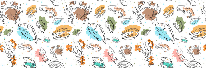 vector seamless pattern banner background with sea food hand drawn