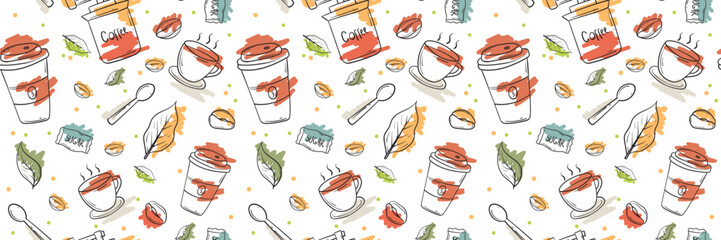 seamless pattern banner background with coffee shop items set hand drawn