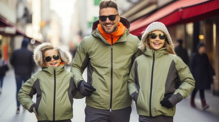 Fototapeta premium A family walking around the city in trendy winter clothes