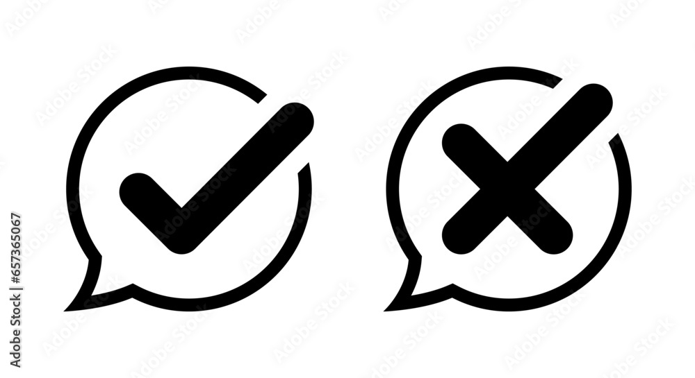 Poster check and cross icon vector in speech bubble line. approve and reject sign symbol