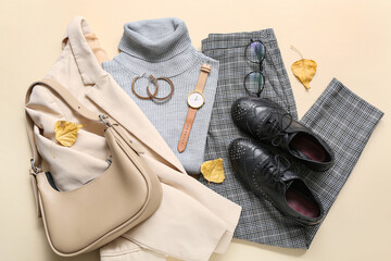 Composition with stylish female shoes, clothes and accessories on color background