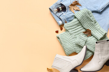 Obraz premium Composition with stylish female shoes, accessories and clothes on color background