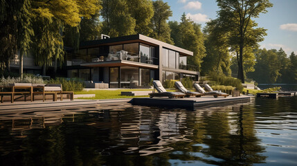 Fototapeta na wymiar Tranquil Waterfront Retreat: Stylish Luxury. Find tranquility in this dwelling