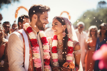 Indian bride and groom at amazing hindu wedding ceremony. Details of traditional indian wedding. Beautifully decorated hindu wedding accessories. Indian marriage traditions. - obrazy, fototapety, plakaty