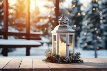 Lit lantern as a decoration of a wooden table on Christmas market. Decorated and illuminated outdoor tables of a restaurant of cafe. Snowy winter day. - obrazy, fototapety, plakaty