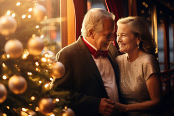 Beautiful retired senior couple enjoying cruise vacation on Christmas time. Senior man and woman having fun on a cruise ship. Old man and old lady travelling by sea on New Years Eve.