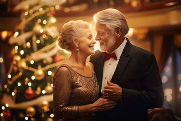 Beautiful retired senior couple enjoying cruise vacation on Christmas time. Senior man and woman having fun on a cruise ship. Old man and old lady travelling by sea on New Years Eve. - obrazy, fototapety, plakaty