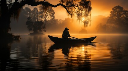 Person in a boat paddling during sunset on a calm lake.