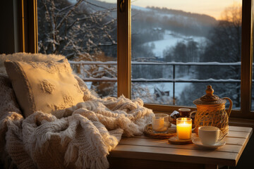 Cozy warm winter composition with cup of hot coffee or chocolate, cozy blanket and snowy landscape on sunny winter day. Winter home decor. Christmas. New Years Eve.