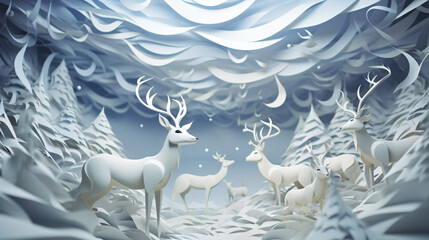 3d objects, herd of reindeer in the snow as a paper cut craft, paper illustration, winter - Generative AI - obrazy, fototapety, plakaty