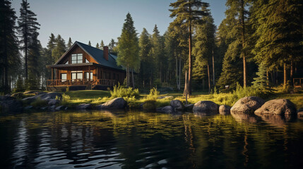 Fototapeta premium Remote Cabin Tranquility. Discover tranquility in this remote cabin