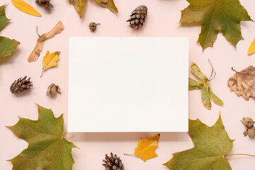 Beautiful autumn composition with leaves, pine cones and blank card on pink background