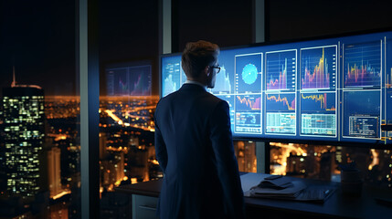 Finance trade manager analysing stock market indicators for best investment strategy, financial data and charts with business buildings in background - Generative AI