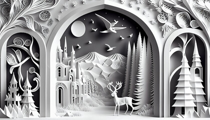 multi dimensional paper cut craft, paper illustration, christmas winter, ornate - Generative AI