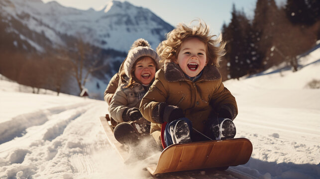 Naklejki Happy funny children ride wooden retro sleds on snowy road in mountains. - Generative AI