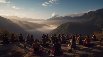 Mountain Yoga Retreat Bliss. Attain bliss in a mountain yoga retreat - obrazy, fototapety, plakaty