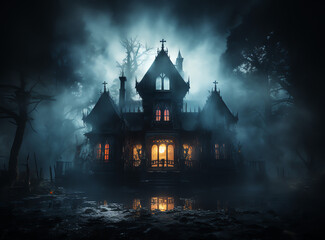 Old haunted mansion, foggy and witchy ambiance, halloween vibes - obrazy, fototapety, plakaty