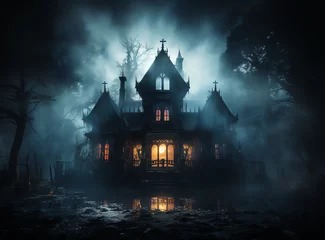 Foto op Plexiglas Old haunted mansion, foggy and witchy ambiance, halloween vibes © Joffrey