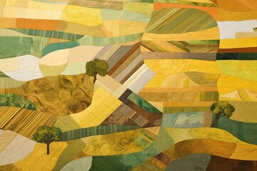 Abstract Aerial View: Patchwork Quilt of Greens, Yellows, and Browns in Farmland Divided by Roads and Rivers, generative AI