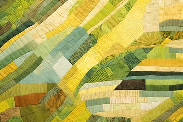 Obraz premium Abstract Aerial View of Farmland: Patchwork Quilt of Greens, Yellows, Browns Divided by Thin Lines of Roads and Rivers, generative AI