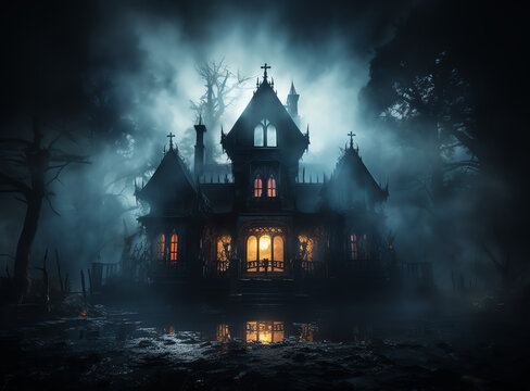 Old haunted mansion, foggy and witchy ambiance, halloween vibes