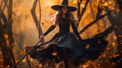 Beautiful Witch in Enchanting Autumn Woods. Mysterious and Attractive Adult Witch in Dark Costume.