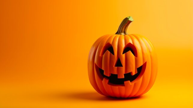 Cute Pumpkin. Halloween Decorations with Carved Jack-o-Lantern Faces on a Yellow-Orange Background.