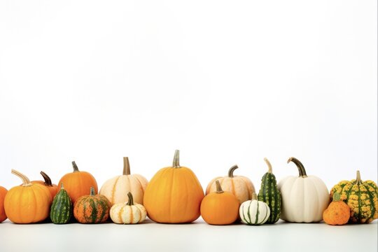 Autumn Gourds: Still Life Decor with Miniature Pumpkins and Colocynth on White Background